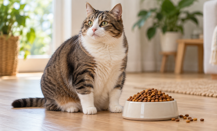 Gezonde Kat Naast Een Overvolle Voerbak
